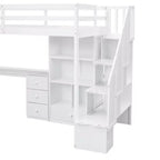 Letto a soppalco singolo con scrivania a L, 3 cassetti, armadietto e spazio contenitore nella scala, struttura in pino massello e MDF