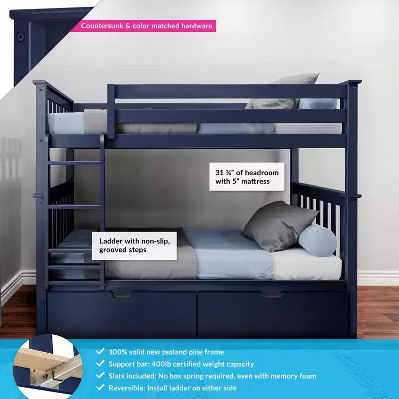 Etagenbett aus Massivholz, Einzelbett über Einzelbett, für Kinder mit Stauraumschubladen unter dem Bett