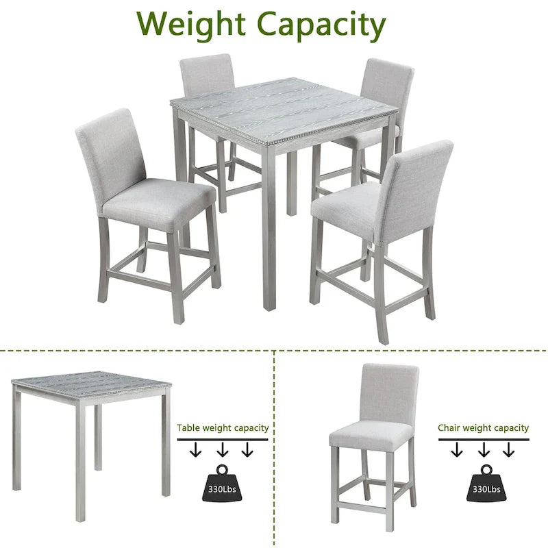 Set da pranzo moderno da 5 pezzi con tavolo quadrato ad altezza bancone e 4 sedie imbottite