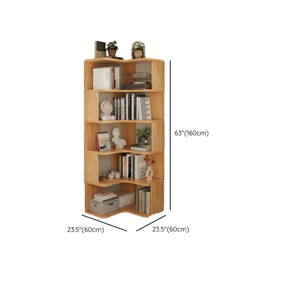 Libreria verticale in legno a forma di L con finitura naturale e schienale aperto