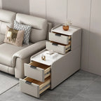 Tavolino laterale alto per divano, in legno a forma di L, con 4 cassetti e piano effetto pietra