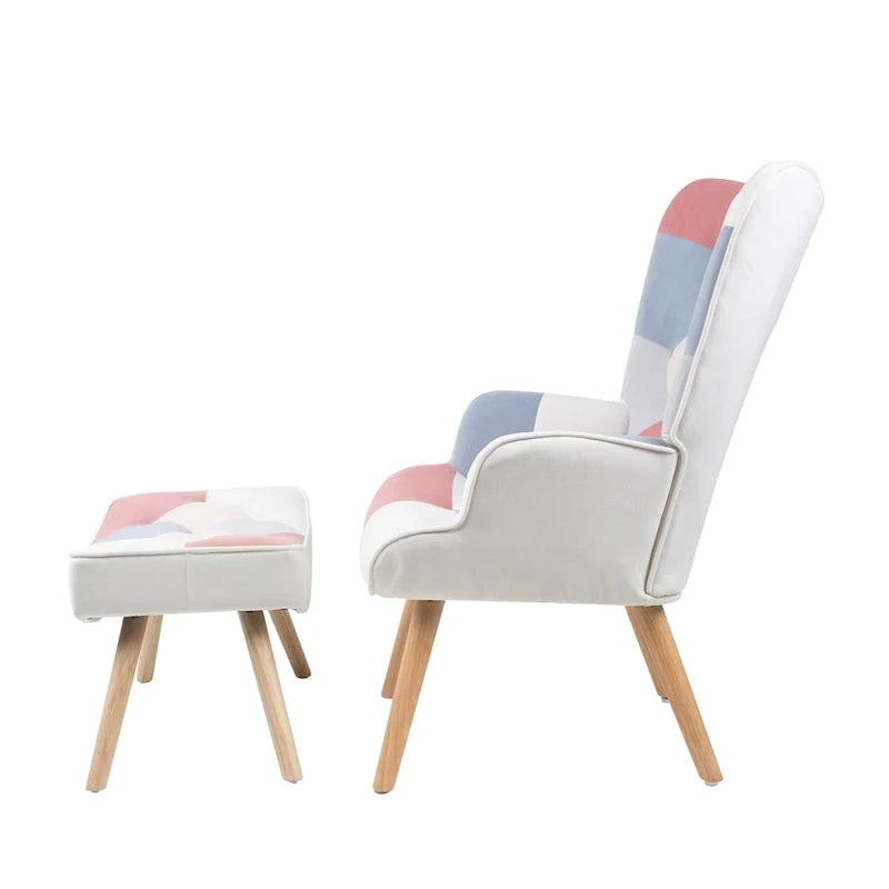 Fauteuil d’appoint avec pouf, ensemble fauteuil et pouf pour le salon, fauteuil d’appoint confortable avec accoudoirs pour la chambre, revêtement en tissu à motifs créatifs