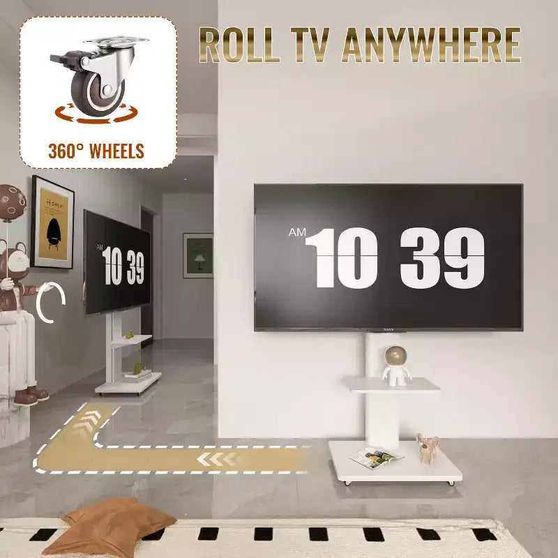 Meuble TV pour téléviseurs de 32 à 75 pouces, chariot TV mobile à hauteur réglable avec tiroir et roulettes pour le salon, la chambre et le bureau - ModernLuxe