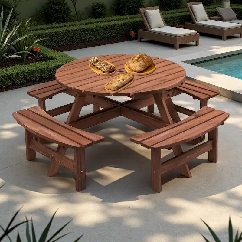 Ensemble de pique-nique et repas rond pour terrasse extérieure en bois de sapin, 8 personnes, avec 4 bancs intégrés et trou pour parasol