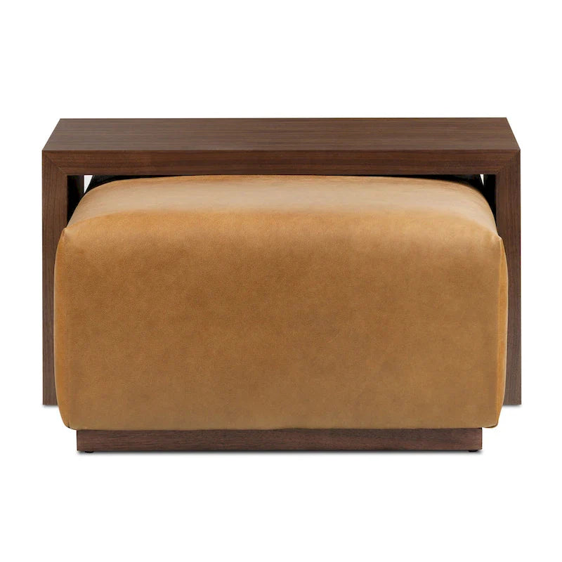 Pouf Jarmo Poly & Bark con tavolino regolabile in noce, vera pelle italiana pieno fiore