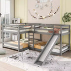 Lit superposé en L pour 4 enfants, lit superposé quadruple avec toboggan, structure en bois avec couchage double et simple pour chambre ou dortoir
