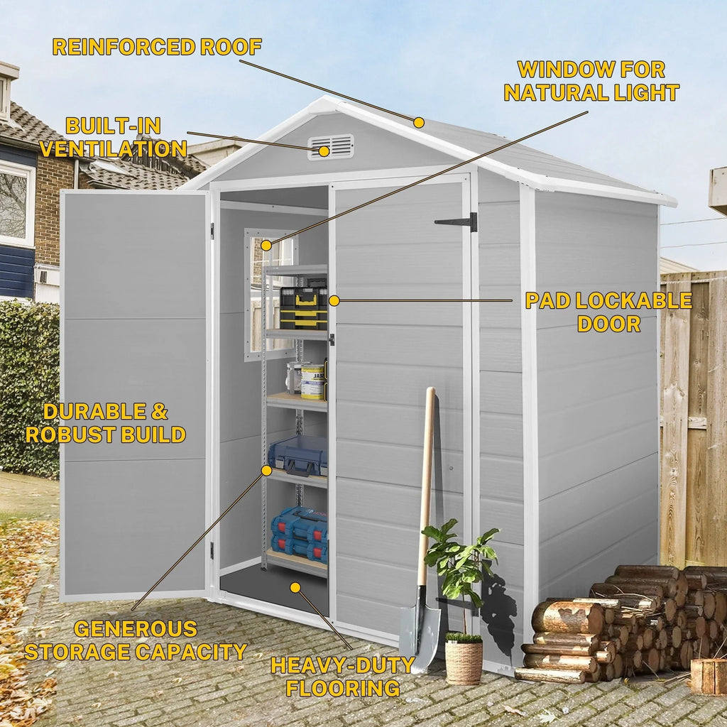 Abri de rangement extérieur en plastique et résine tout temps avec plancher, remise à outils Spire, 6 pi x 4 pi/6 pi x 8 pi/8 pi x 6 pi/8 pi x 10 pi