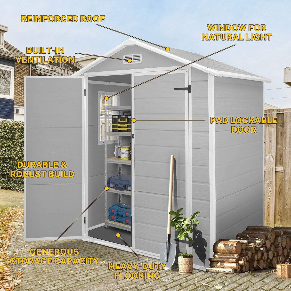 Abri de rangement extérieur en plastique et résine tout temps avec plancher, remise à outils Spire, 6 pi x 4 pi/6 pi x 8 pi/8 pi x 6 pi/8 pi x 10 pi