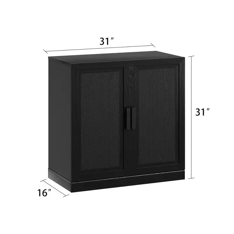 Armoire décorative haute de 62 po à porte en cannage noir, effet grain de bois, avec 12 étagères