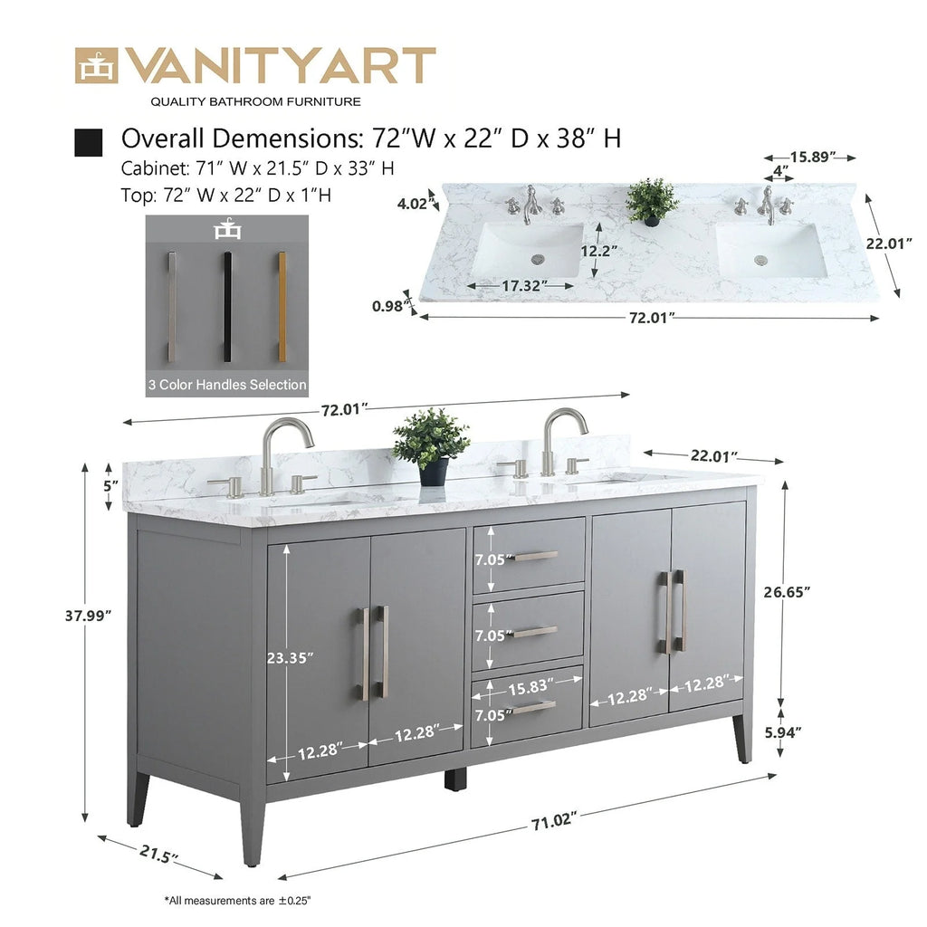Meuble-lavabo Vanity Art 72 à double vasque avec plateau en marbre reconstitué