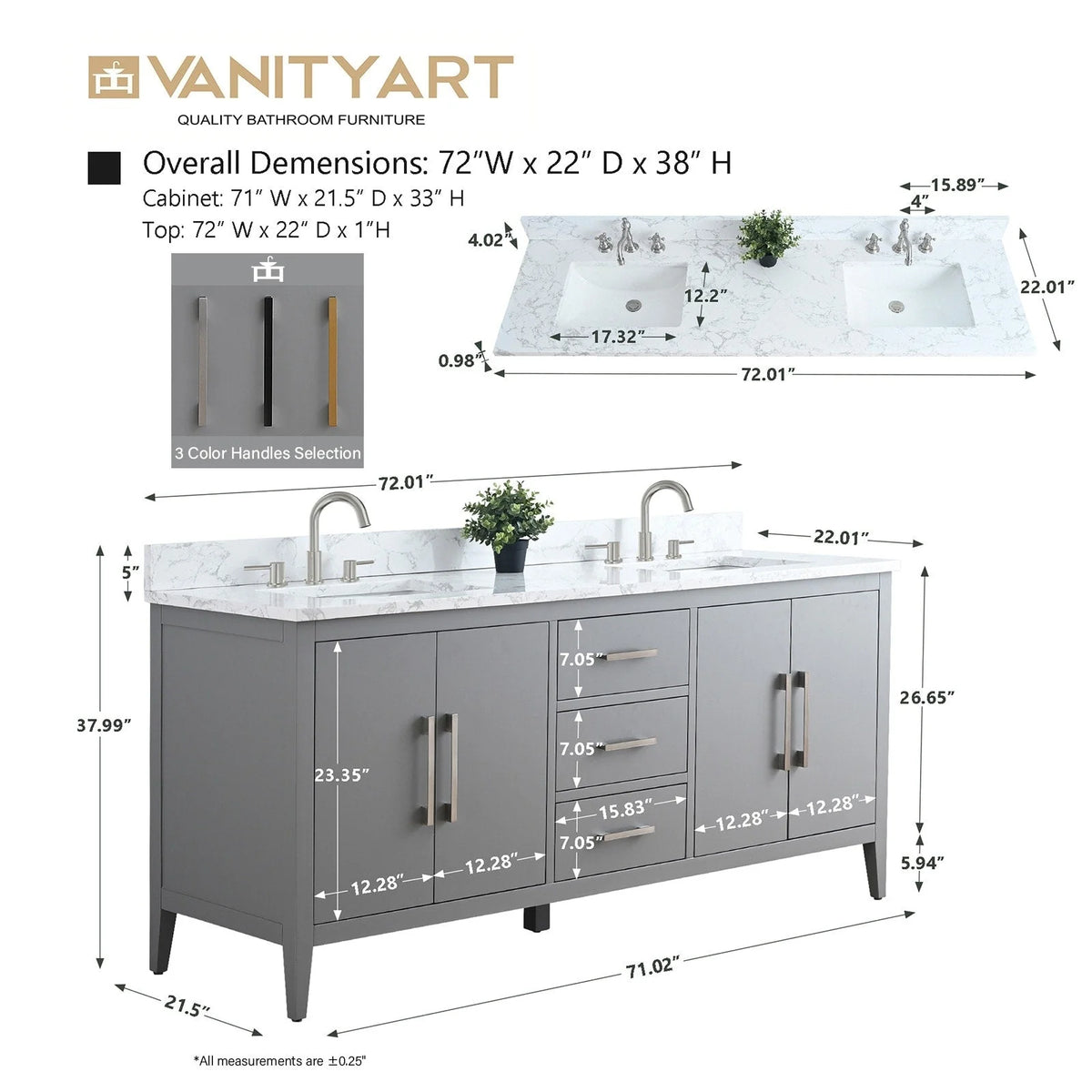 Meuble-lavabo Vanity Art 72 à double vasque avec plateau en marbre reconstitué