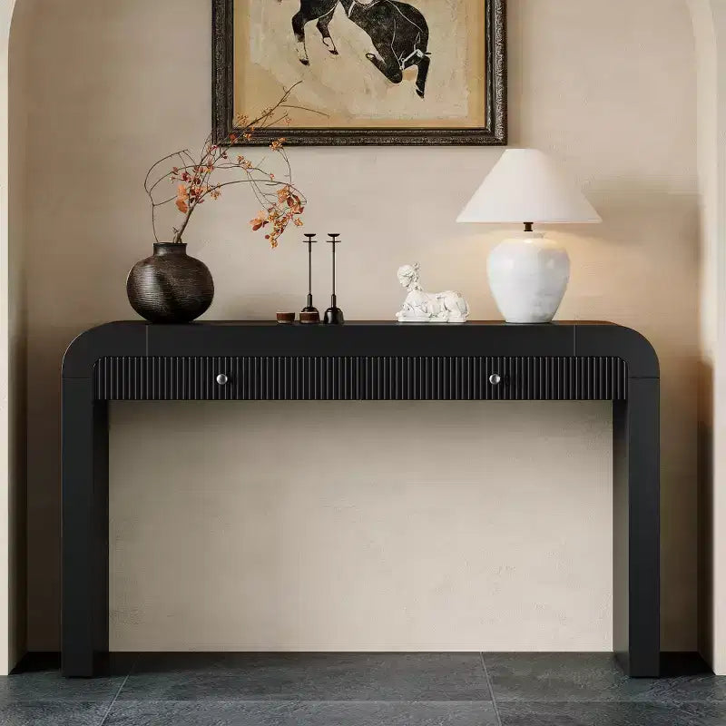 Table console rustique Whisen, table d’entrée et table d’appoint avec façade de tiroir cannelée