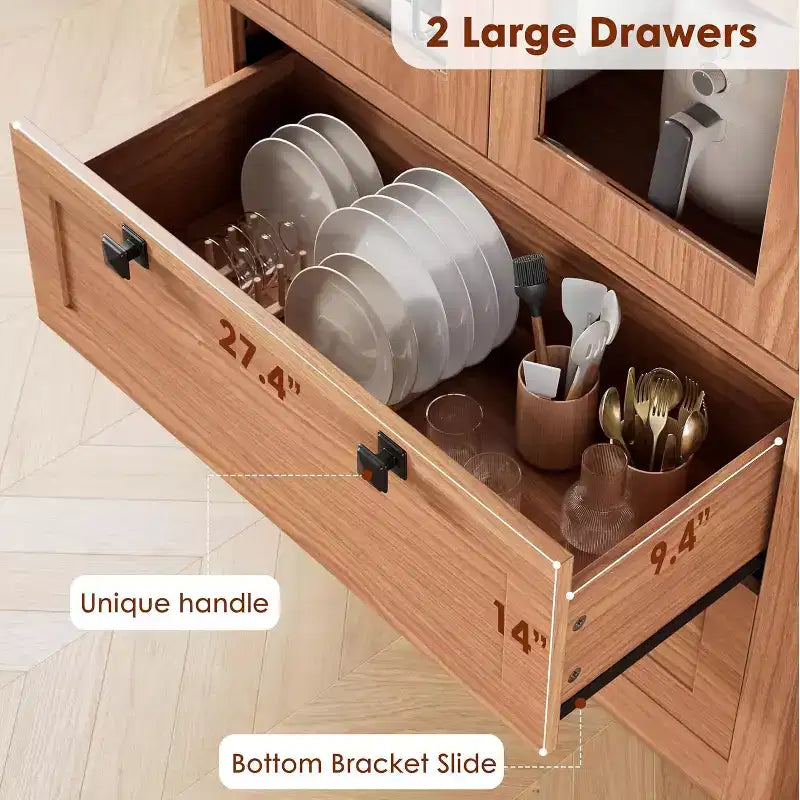 Dispensa da cucina in stile rustico con ante in vetro, mobile contenitore da 72 pollici con cassetti e ripiani regolabili per sala da pranzo, bagno e soggiorno