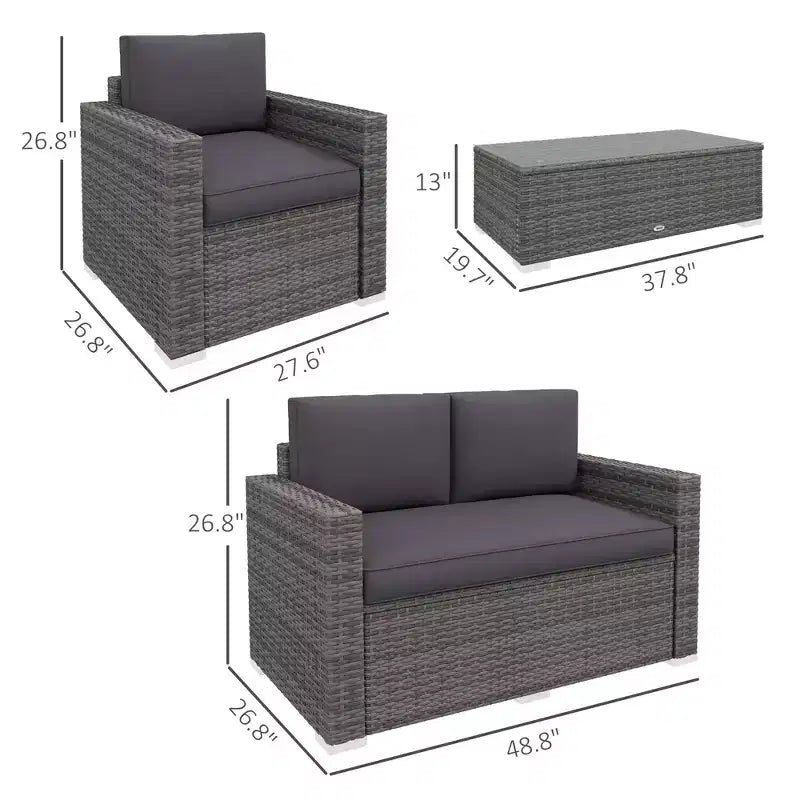 Set da giardino in rattan da 4 pezzi, set da patio in vimini con divanetto, sedie e tavolino da caffè con piano in vetro