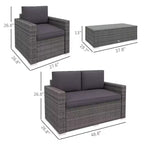 Set da giardino in rattan da 4 pezzi, set da patio in vimini con divanetto, sedie e tavolino da caffè con piano in vetro