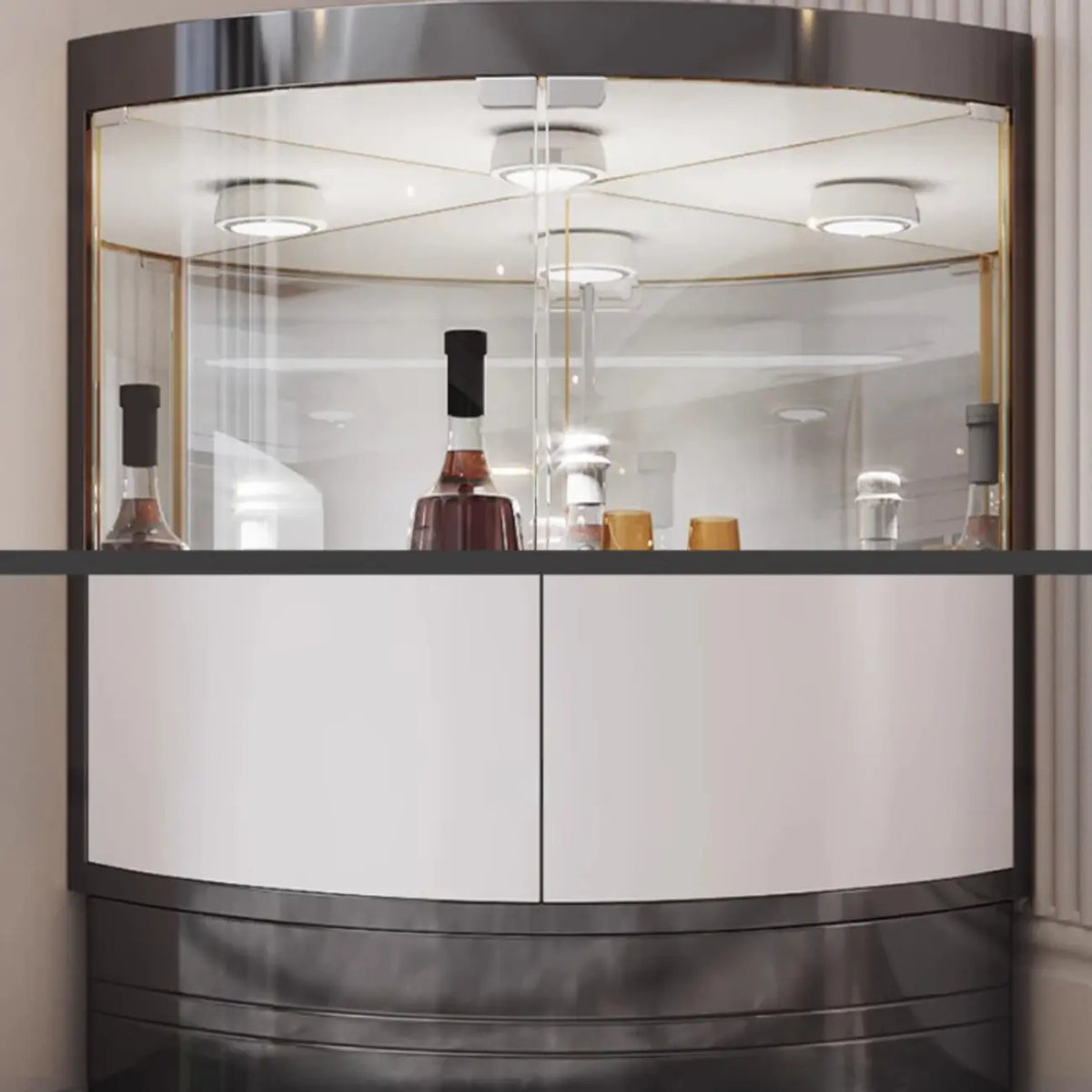 Meuble d’angle de rangement et d’exposition avec plusieurs niveaux, en verre et métal, pour bouteilles de vin