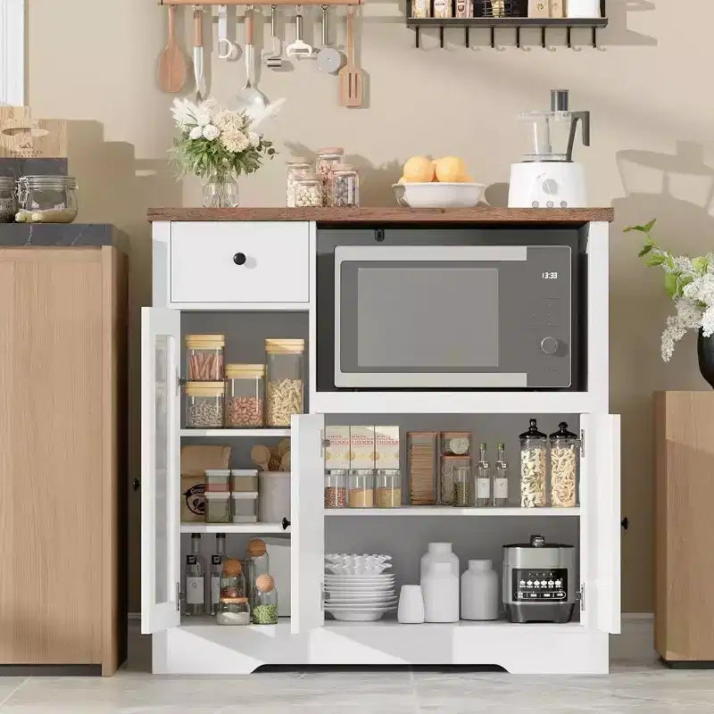 Meuble de cuisine pour micro-ondes avec rangement, 3 portes, 1 tiroir et étagères réglables, meuble de rangement garde-manger
