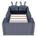 Letto a piattaforma singolo Whisen, struttura imbottita per letto a terra per bambini con cuscino a forma di coniglio e sponde laterali rimovibili