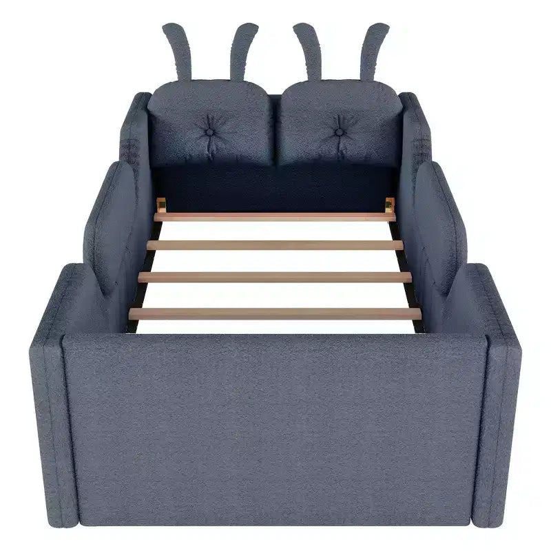Letto a piattaforma singolo Whisen, struttura imbottita per letto a terra per bambini con cuscino a forma di coniglio e sponde laterali rimovibili