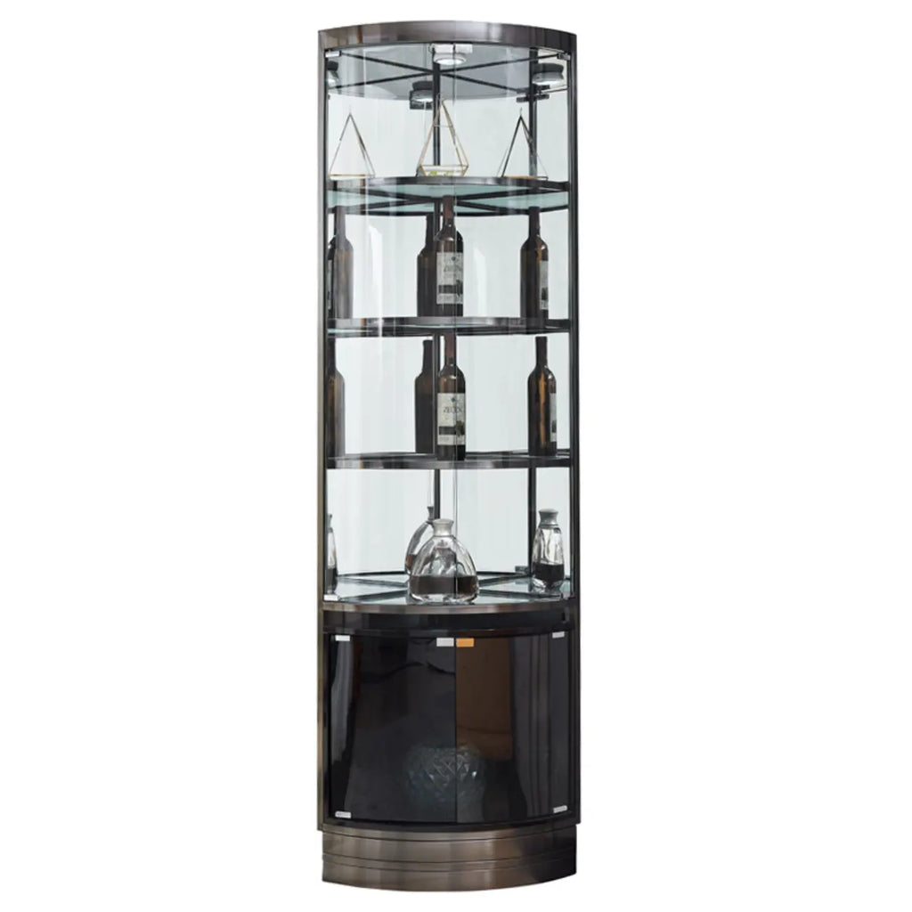 Meuble d’angle de rangement et d’exposition avec plusieurs niveaux, en verre et métal, pour bouteilles de vin