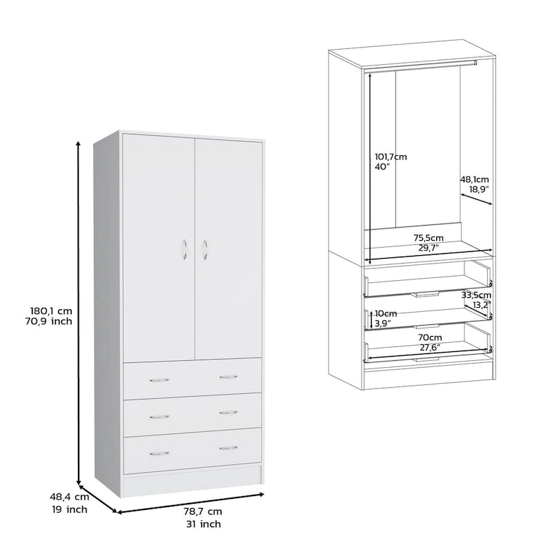 Armoire moderne à deux portes avec 3 tiroirs et 1 tringle pour chambre