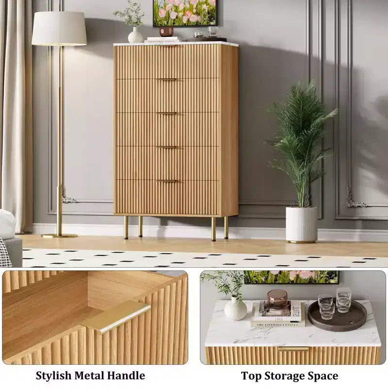 Cassettiera bianca / effetto marmo e legno a 5 cassetti - Pannello scanalato, per 1 persona