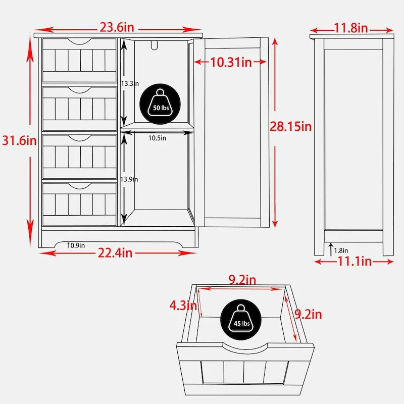 Meuble de rangement bas pour salle de bains VEIKOUS avec 4 tiroirs