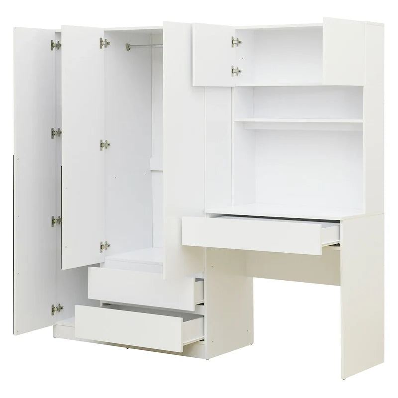 Armoire 3-en-1 avec coiffeuse, ensemble bureau, armoire de chambre avec 2 tiroirs, 3 portes et espace de rangement