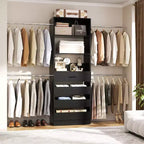 Système d’organisation de dressing en bois Besiost de 4 à 9 pieds avec 4 tiroirs, 4 tringles et des colonnes d’étagères