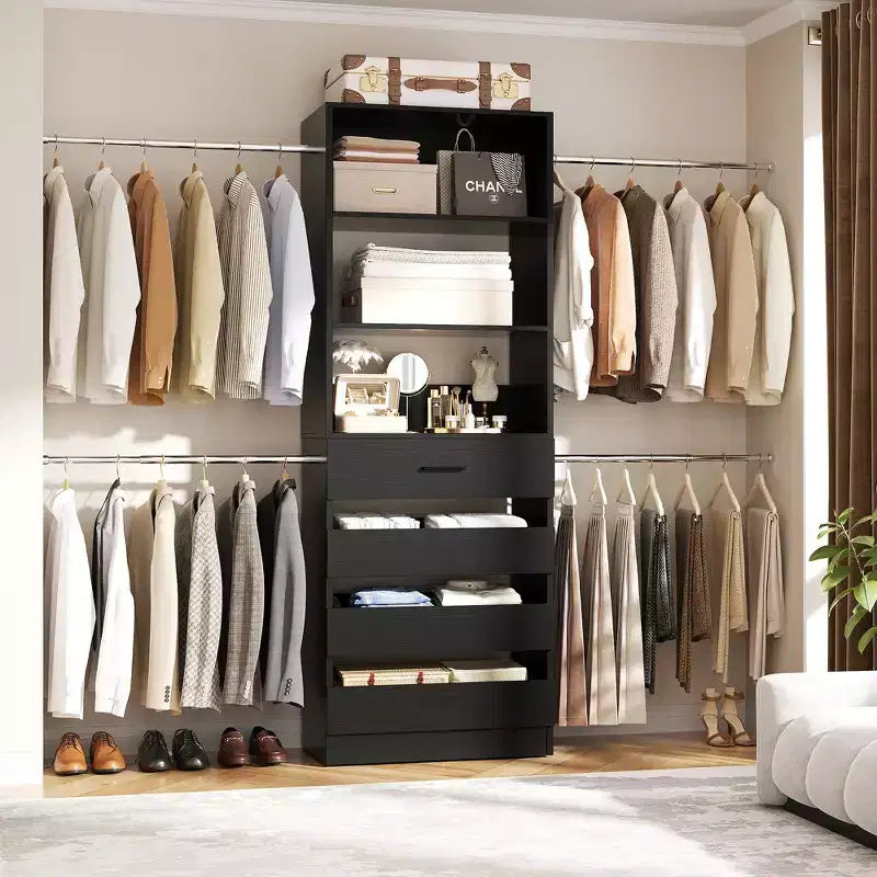 Système d’organisation de dressing en bois Besiost de 4 à 9 pieds avec 4 tiroirs, 4 tringles et des colonnes d’étagères