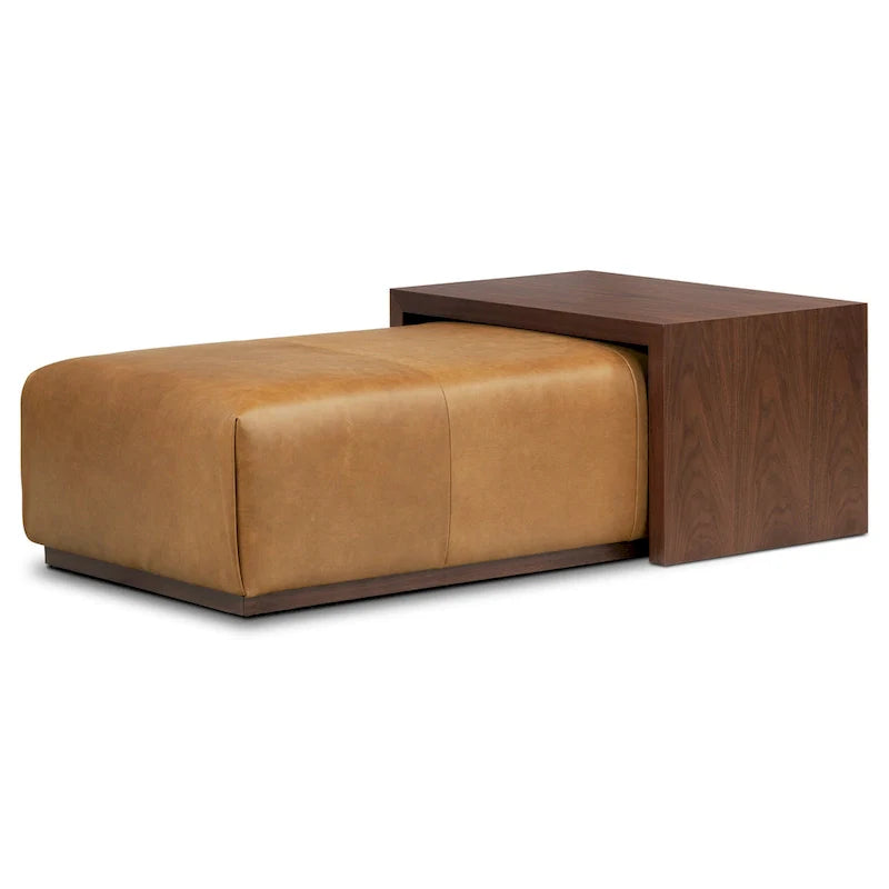 Pouf Jarmo Poly & Bark con tavolino regolabile in noce, vera pelle italiana pieno fiore