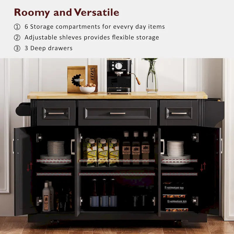 54 Îlot de cuisine grand format avec rallonge rabattable en bois d’hévéa, desserte de cuisine roulante à texture gaufrée sur 4 roulettes avec 4 portes et 3 tiroirs