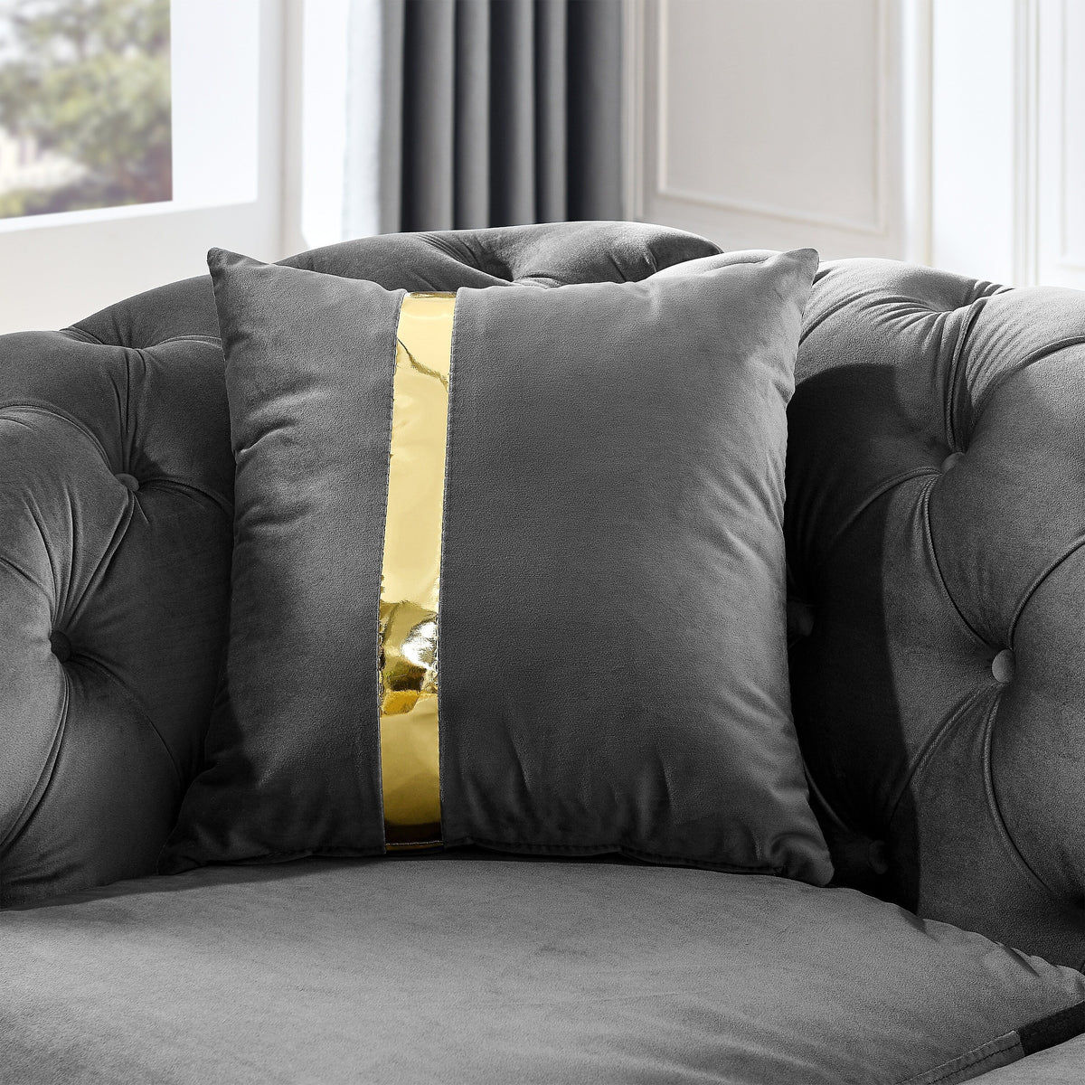 Canapé 3 places en velours de 90,6 avec 2 coussins, coussins haute densité, accents dorés et oreillers