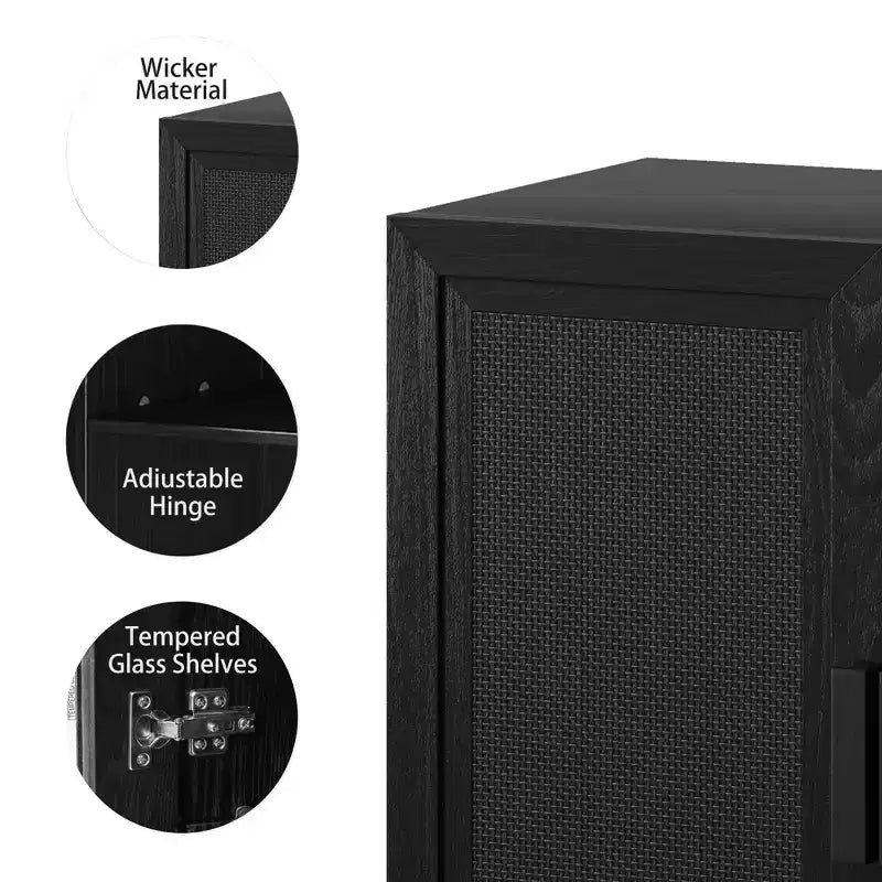 Armoire décorative haute de 62 po à porte en cannage noir, effet grain de bois, avec 12 étagères