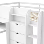 Lit mezzanine bas rose/blanc avec bureau, rangements et tableau blanc - 1 personne, 1 place