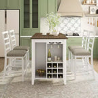 Set da pranzo in stile rustico composto da 5 pezzi, altezza bancone, con sedie per 4 persone, tavolo rettangolare in legno con ripiani contenitori e scomparto portabottiglie