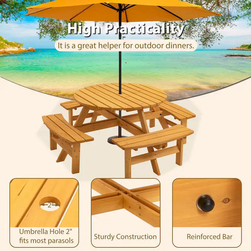 Ensemble de pique-nique et repas rond pour terrasse extérieure en bois de sapin, 8 personnes, avec 4 bancs intégrés et trou pour parasol