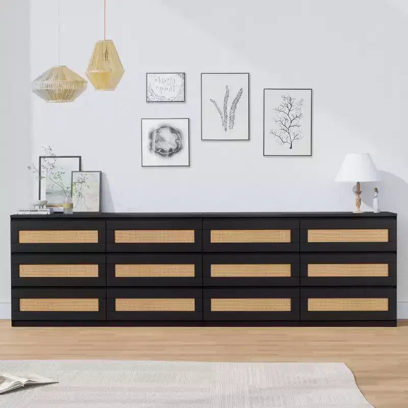 Cassettiera in rattan per camera da letto con 6 cassetti, cassettiera larga moderna in stile rustico da 47 pollici, mobile contenitore in legno per organizzare armadio, soggiorno e corridoio