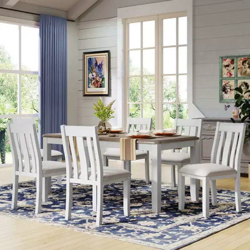 Ensemble de table à manger extensible de style champêtre pour 6 personnes, table rectangulaire et 6 chaises rembourrées