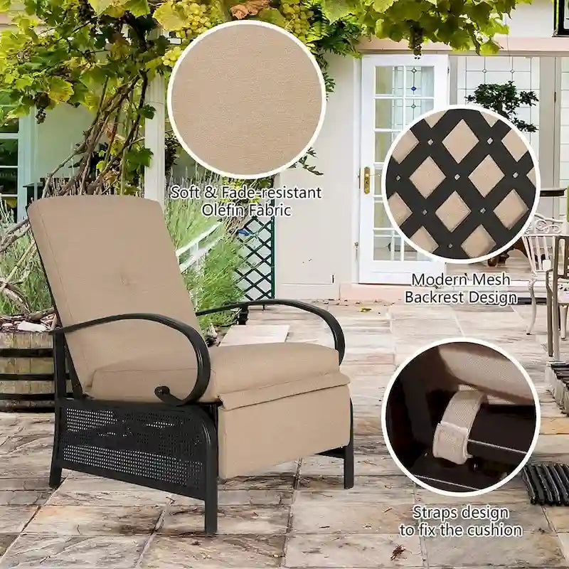 Poltrona reclinabile regolabile da giardino con cuscino - 38 (D) x 26.5 (W) x 38.5 (H) INCH
