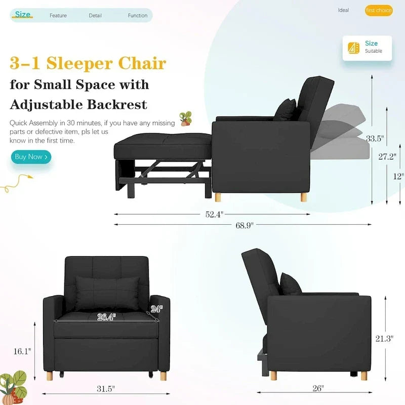 Poltrona divano letto 3 in 1 AECOJOY con cuscino e schienale convertibile