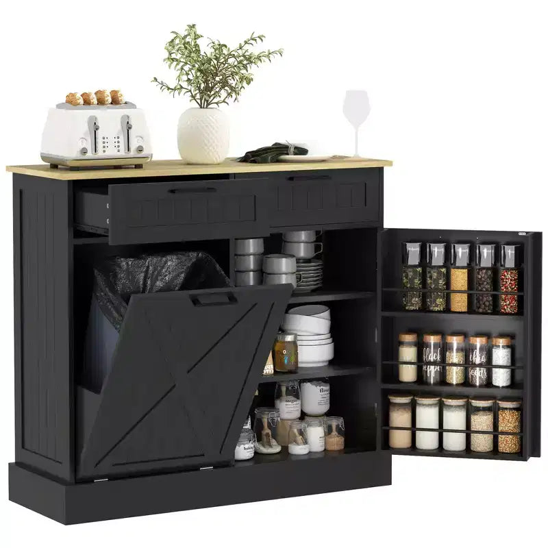Mobile HOMCOM copri pattumiera con apertura a ribalta e cassetti, mobile da cucina in stile rustico con pattumiera nascosta per cucina