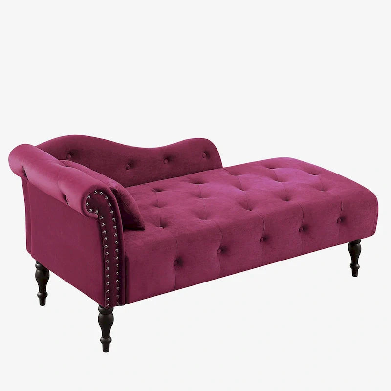 Chaise longue moderna da 60,6" in velluto con bottoni trapuntati, gambe in legno massello e borchie decorative
