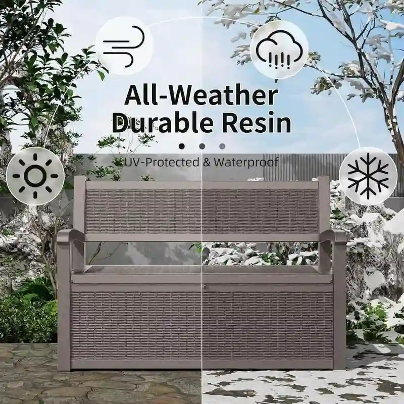 Wetterfeste Aufbewahrungsbank aus Kunststoff mit abschließbarem Geheimfach – Rattanoptik, Tragfähigkeit 226,8 kg, 265 Liter Stauraum