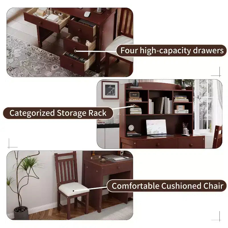 Scrivania moderna in legno per home office Okak con piano/sedia e libreria, scrivania da studio con spazio per adolescenti e studenti, per studio e ufficio