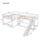 Lit superposé en L pour 4 enfants, lit superposé quadruple avec toboggan, structure en bois avec couchage double et simple pour chambre ou dortoir