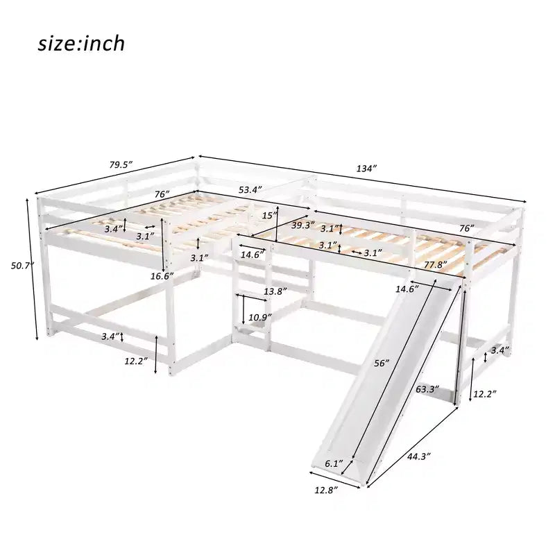 Lit superposé en L pour 4 enfants, lit superposé quadruple avec toboggan, structure en bois avec couchage double et simple pour chambre ou dortoir
