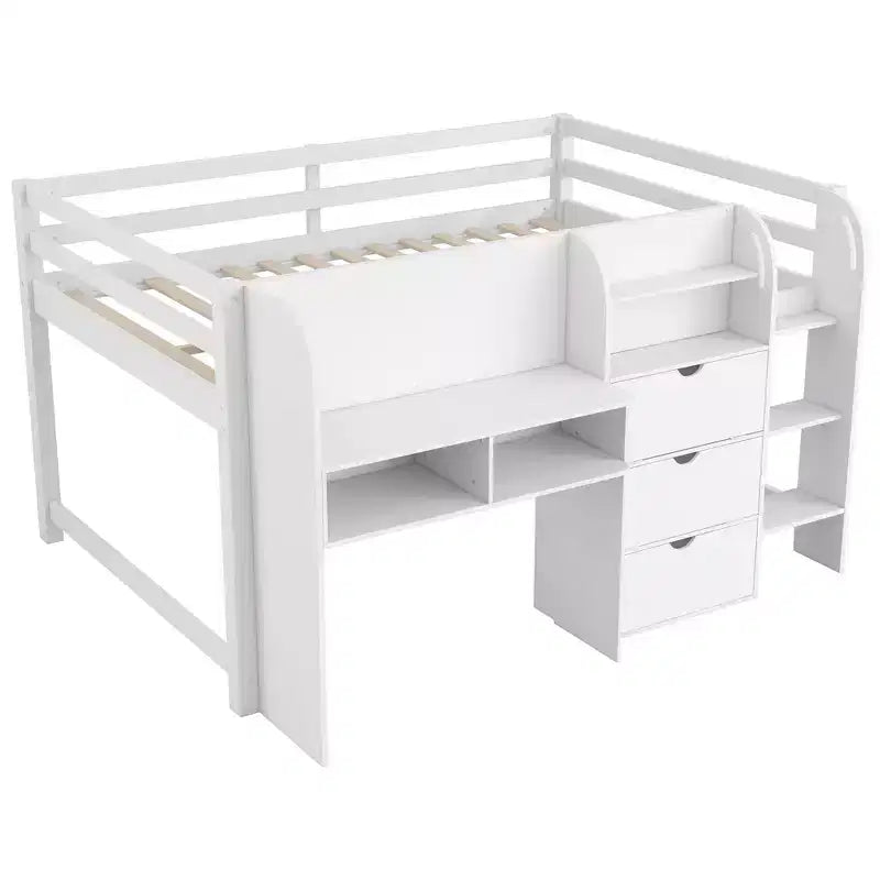Lit mezzanine bas rose/blanc avec bureau, rangements et tableau blanc - 1 personne, 1 place