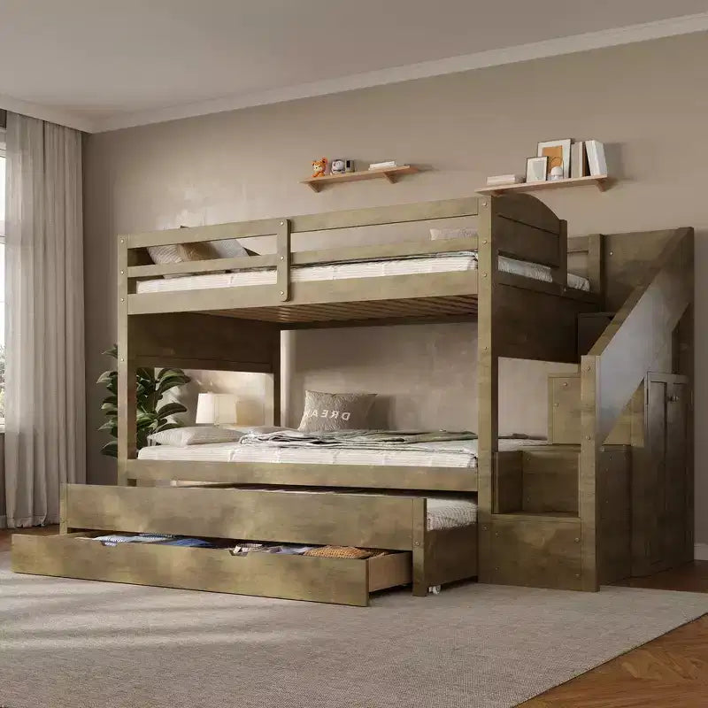 Letto a castello Whisen Twin XL con letto estraibile, contenitore, legno massello, scala contenitore, armadio e 3 cassetti, per bambini