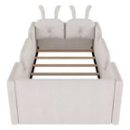 Letto a piattaforma singolo Whisen, struttura imbottita per letto a terra per bambini con cuscino a forma di coniglio e sponde laterali rimovibili